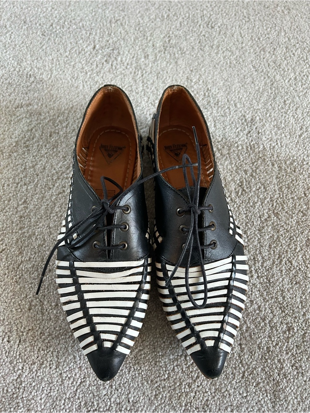 John Fluevog Black & White Striped Pointed Oxford Shoes